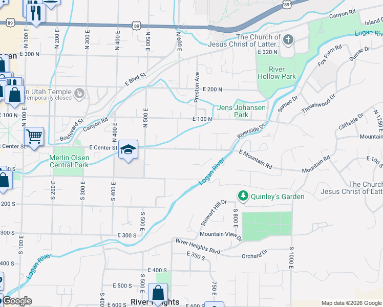 map of restaurants, bars, coffee shops, grocery stores, and more near 664 East Center Street in Logan