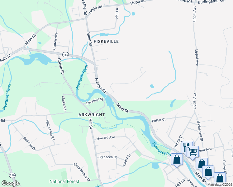 map of restaurants, bars, coffee shops, grocery stores, and more near 93 Main Street in Cranston