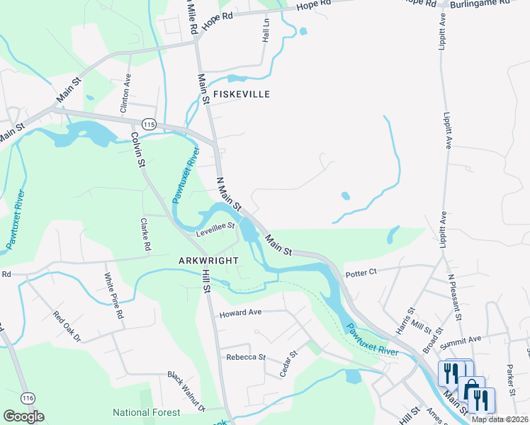 map of restaurants, bars, coffee shops, grocery stores, and more near 93 Main Street in Cranston