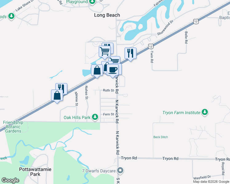 map of restaurants, bars, coffee shops, grocery stores, and more near 824 1/2 North Karwick Road in Michigan City