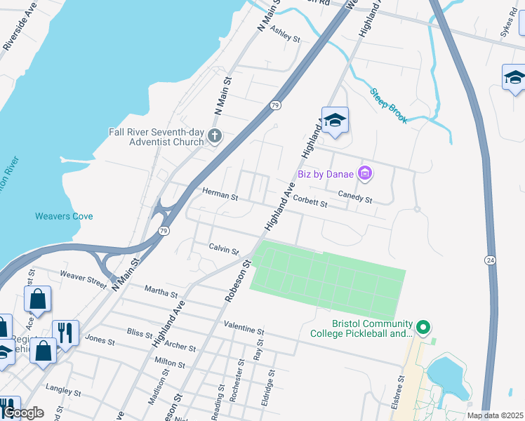 map of restaurants, bars, coffee shops, grocery stores, and more near 9-21 Corbett Street in Fall River