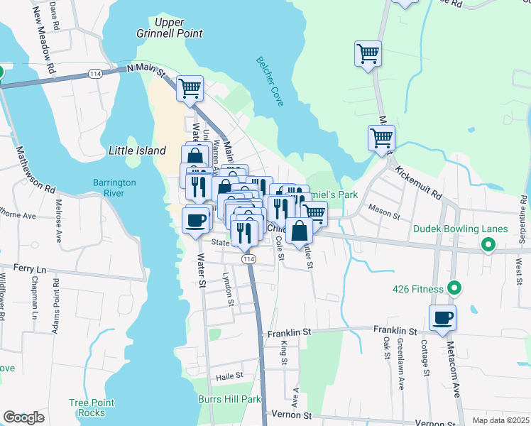 map of restaurants, bars, coffee shops, grocery stores, and more near 19 Barney Street in Warren