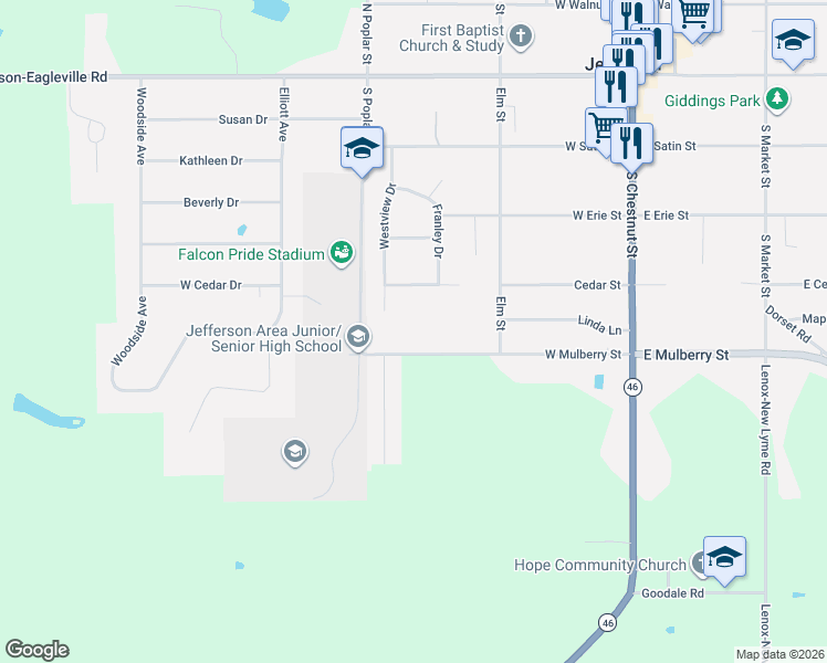 map of restaurants, bars, coffee shops, grocery stores, and more near 146 West Cedar Street in Jefferson