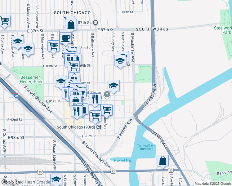map of restaurants, bars, coffee shops, grocery stores, and more near 9010 South Burley Avenue in Chicago