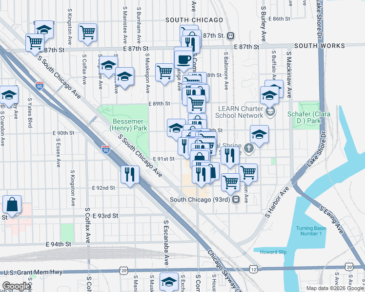 map of restaurants, bars, coffee shops, grocery stores, and more near 9010 South Commercial Avenue in Chicago