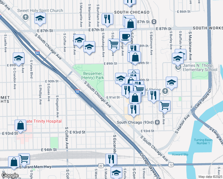 map of restaurants, bars, coffee shops, grocery stores, and more near 9009 South Muskegon Avenue in Chicago