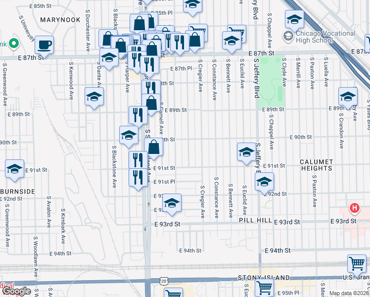 map of restaurants, bars, coffee shops, grocery stores, and more near 8960 South Ridgeland Avenue in Chicago
