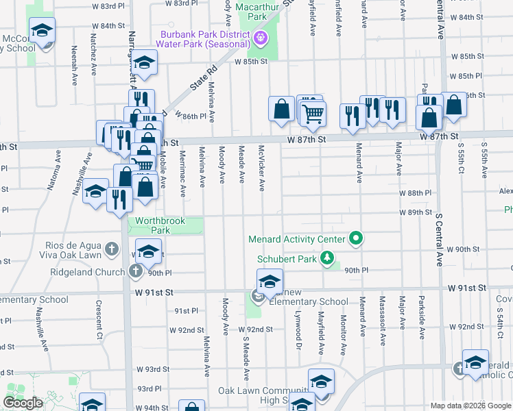 map of restaurants, bars, coffee shops, grocery stores, and more near 8833 Meade Avenue in Oak Lawn