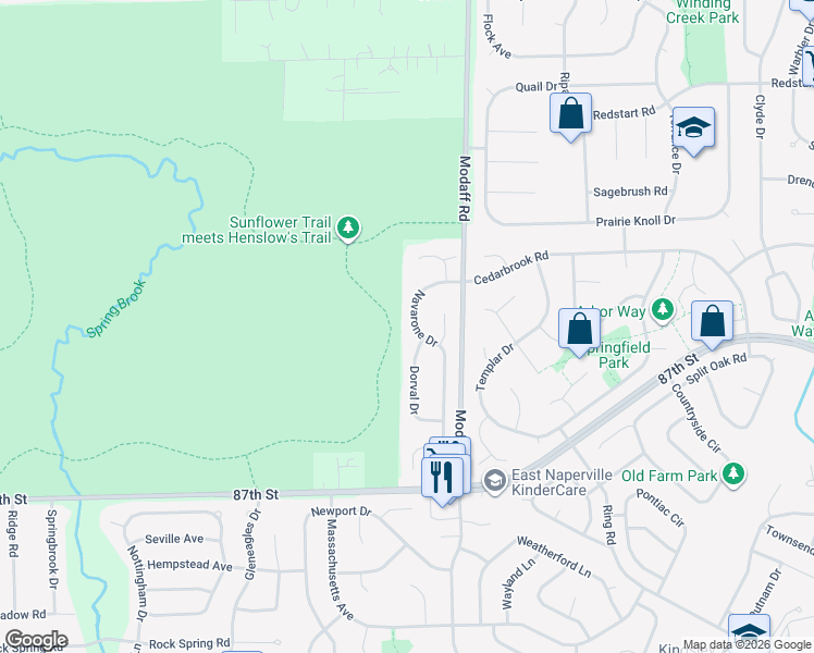 map of restaurants, bars, coffee shops, grocery stores, and more near 1973 Navarone Drive in Naperville