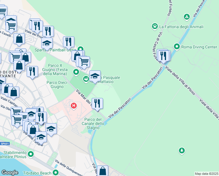map of restaurants, bars, coffee shops, grocery stores, and more near 340 Via Mar Rosso in Lido di Ostia
