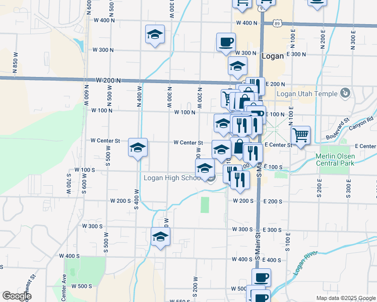 map of restaurants, bars, coffee shops, grocery stores, and more near 230 West Center Street in Logan