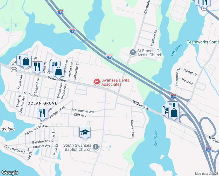 map of restaurants, bars, coffee shops, grocery stores, and more near 175 Wilbur Avenue in Swansea