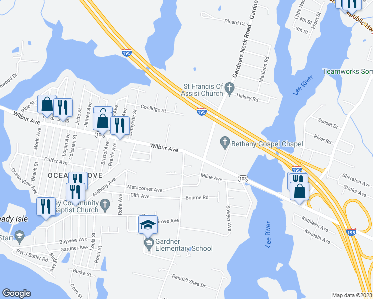 map of restaurants, bars, coffee shops, grocery stores, and more near 179 Wilbur Avenue in Swansea