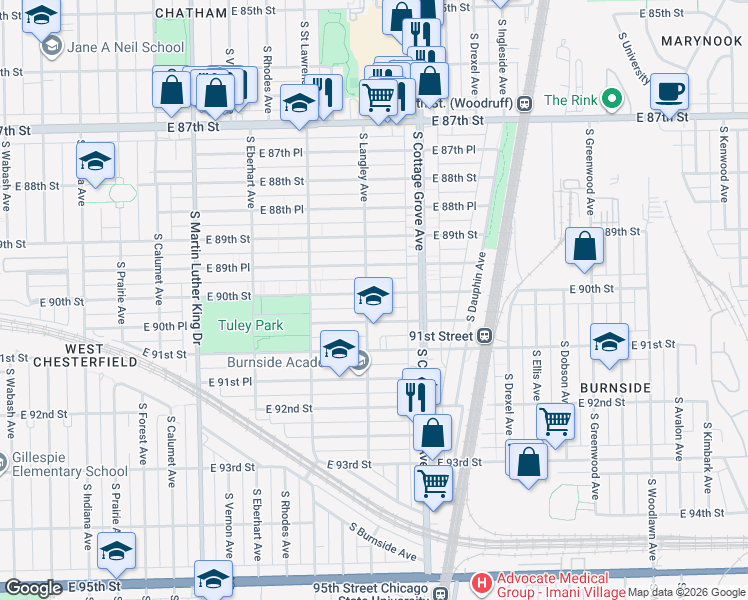 map of restaurants, bars, coffee shops, grocery stores, and more near 707 East 90th Street in Chicago