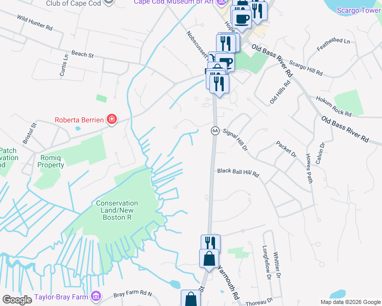 map of restaurants, bars, coffee shops, grocery stores, and more near 480 Main Street in Dennis