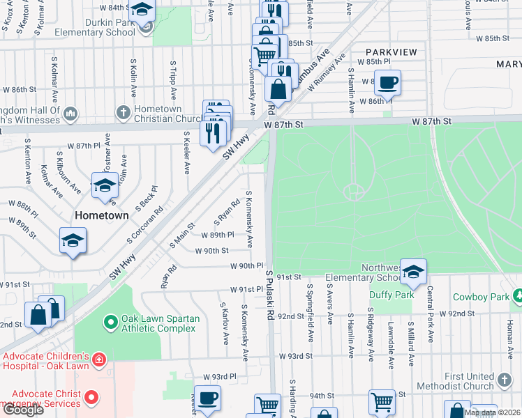 map of restaurants, bars, coffee shops, grocery stores, and more near 8836 Crawford Avenue in Hometown