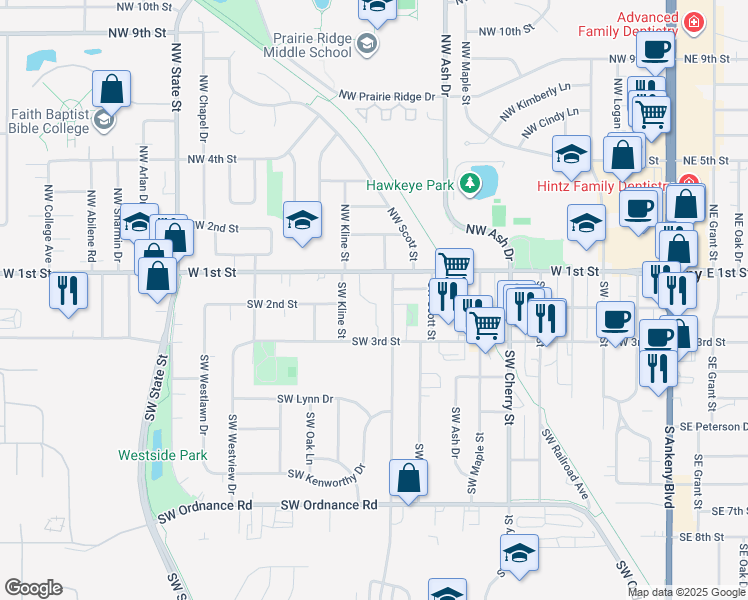 map of restaurants, bars, coffee shops, grocery stores, and more near 1111 West 1st Street in Ankeny