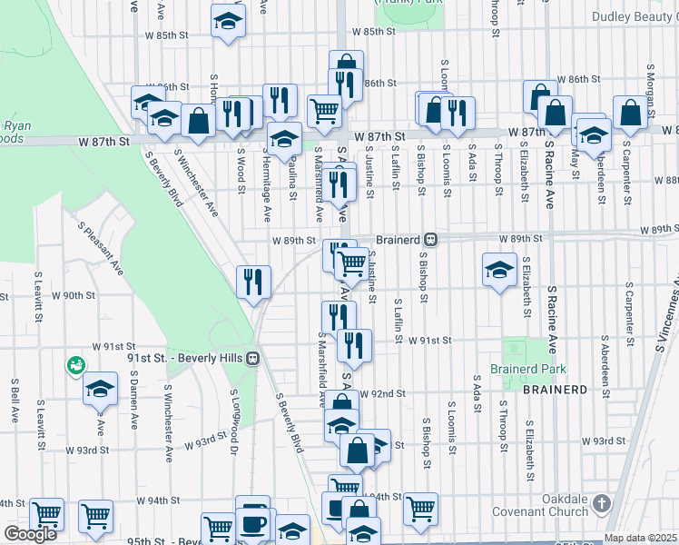 map of restaurants, bars, coffee shops, grocery stores, and more near 8936 South Ashland Avenue in Chicago