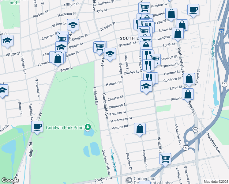 map of restaurants, bars, coffee shops, grocery stores, and more near 208 Goodrich Street in Hartford