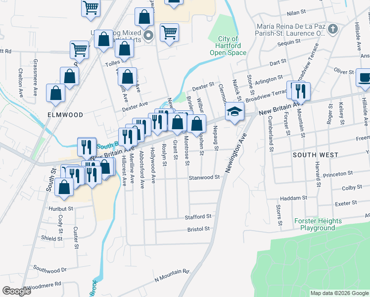 map of restaurants, bars, coffee shops, grocery stores, and more near 15 Montrose Street in Hartford