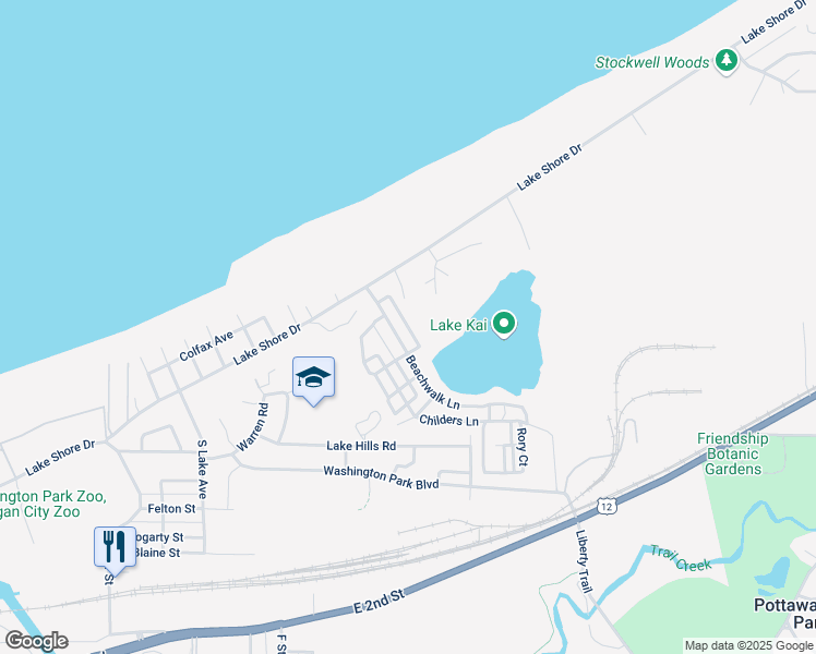 map of restaurants, bars, coffee shops, grocery stores, and more near Moss Parkway in Michigan City