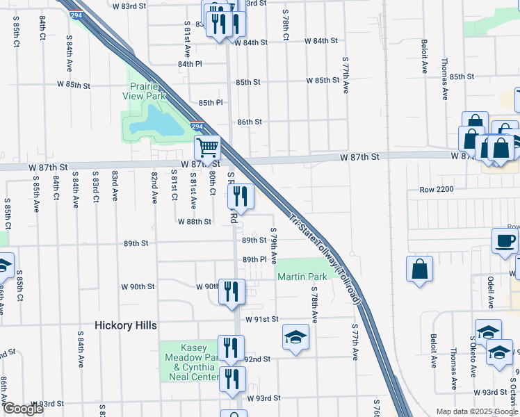 map of restaurants, bars, coffee shops, grocery stores, and more near 7922 West 88th Street in Hickory Hills