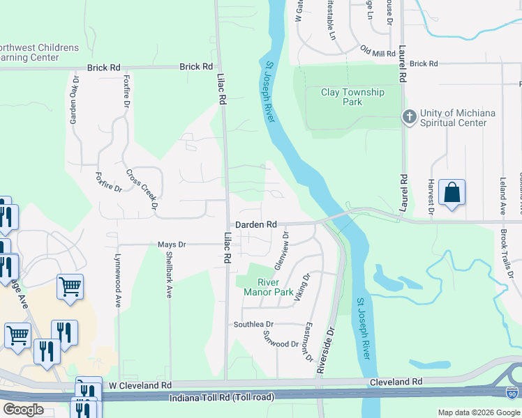 map of restaurants, bars, coffee shops, grocery stores, and more near Amanda Lane in South Bend