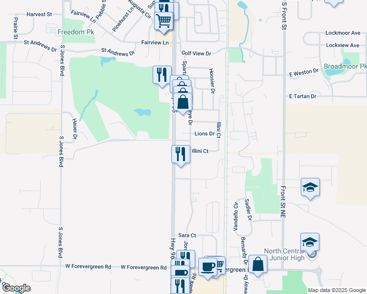 map of restaurants, bars, coffee shops, grocery stores, and more near 2 Lions Drive in North Liberty