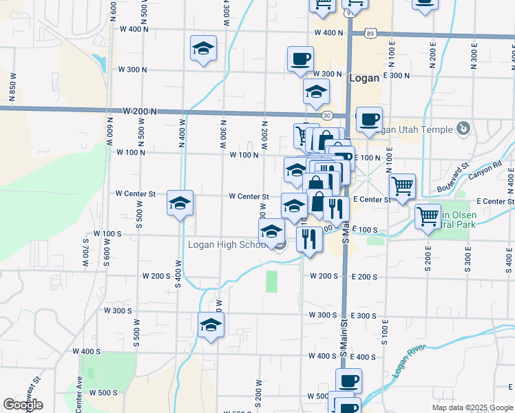 map of restaurants, bars, coffee shops, grocery stores, and more near 10 North 200 West in Logan