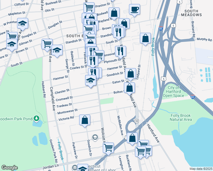 map of restaurants, bars, coffee shops, grocery stores, and more near 22 Eaton Street in Hartford