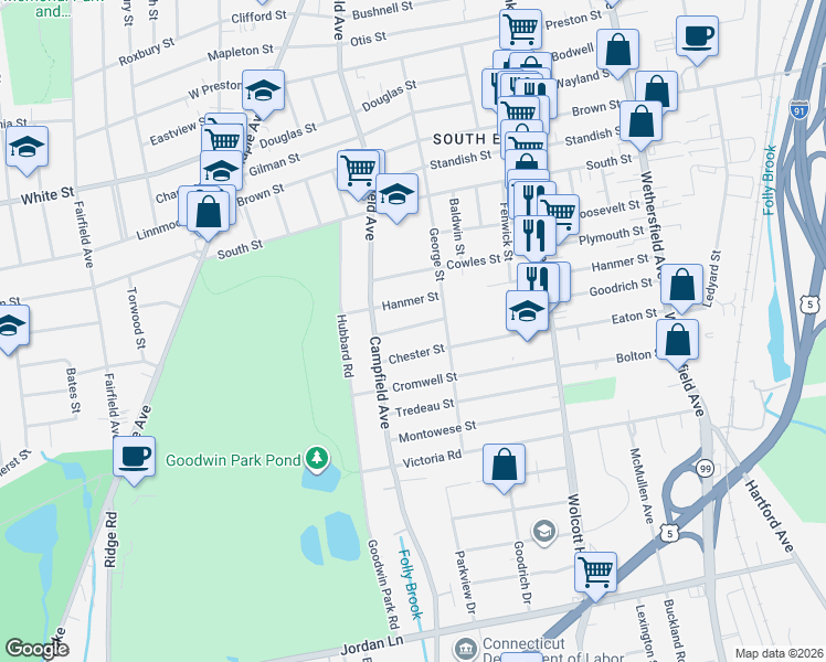 map of restaurants, bars, coffee shops, grocery stores, and more near 208 Goodrich Street in Hartford