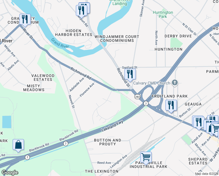 map of restaurants, bars, coffee shops, grocery stores, and more near 835 Richmond Road in Painesville