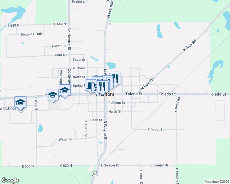 map of restaurants, bars, coffee shops, grocery stores, and more near 111 Toledo Street in Fremont