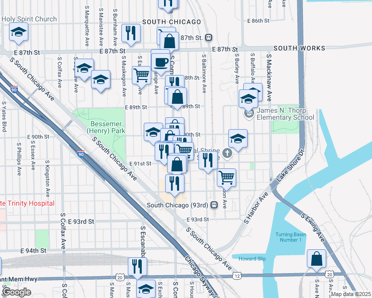 map of restaurants, bars, coffee shops, grocery stores, and more near 9010 South Houston Avenue in Chicago
