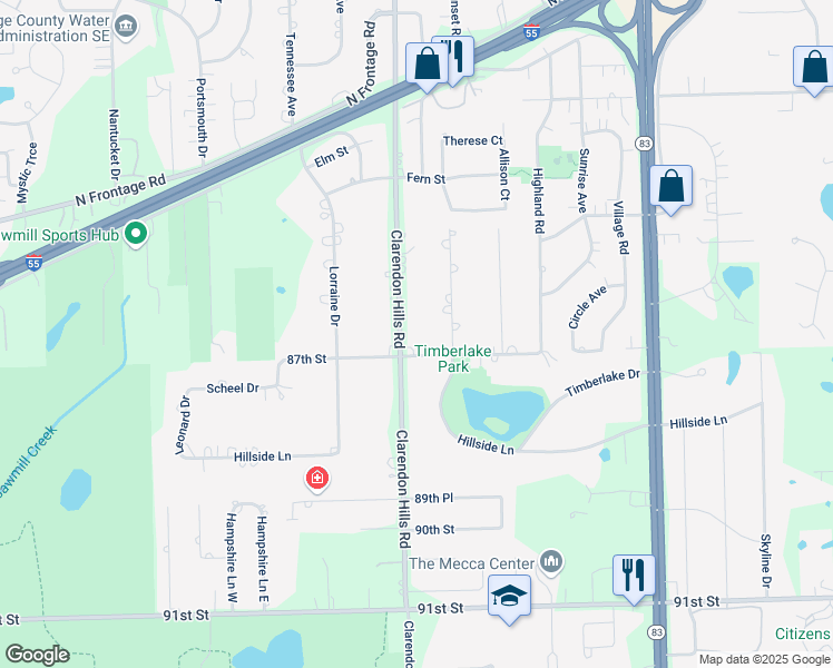 map of restaurants, bars, coffee shops, grocery stores, and more near 9S724 Brookbank Road in Willowbrook