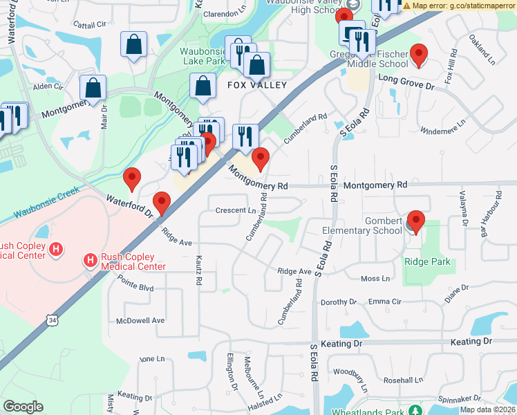 map of restaurants, bars, coffee shops, grocery stores, and more near 2282 Highfield Lane in Aurora