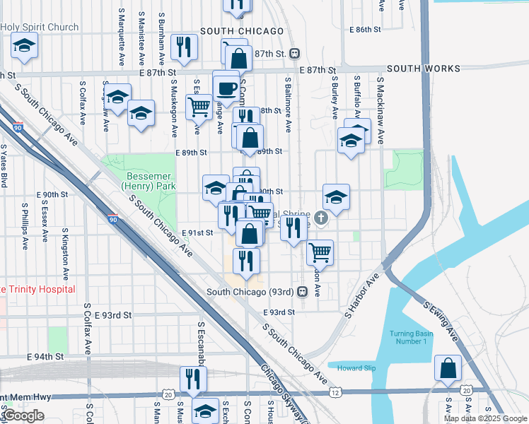 map of restaurants, bars, coffee shops, grocery stores, and more near 9028 South Houston Avenue in Chicago