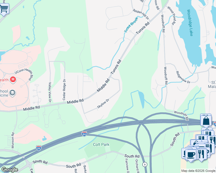 map of restaurants, bars, coffee shops, grocery stores, and more near 365 Middle Road in Farmington