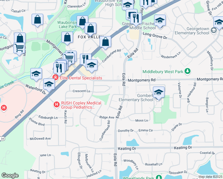 map of restaurants, bars, coffee shops, grocery stores, and more near 2453 Crescent Lane South in Aurora