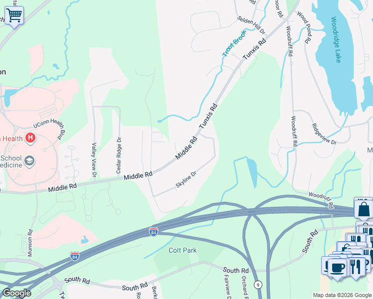 map of restaurants, bars, coffee shops, grocery stores, and more near 365 Middle Road in Farmington