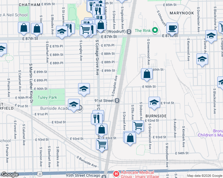 map of restaurants, bars, coffee shops, grocery stores, and more near 838 East 90th Street in Chicago