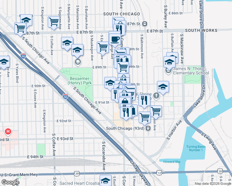 map of restaurants, bars, coffee shops, grocery stores, and more near 9027 South Exchange Avenue in Chicago