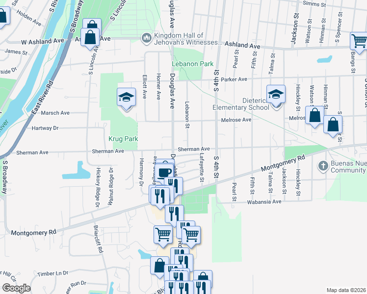 map of restaurants, bars, coffee shops, grocery stores, and more near 1230 Douglas Avenue in Montgomery