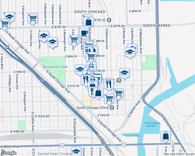 map of restaurants, bars, coffee shops, grocery stores, and more near 9026 South Houston Avenue in Chicago