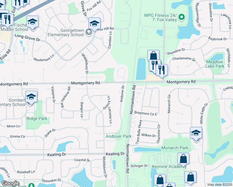 map of restaurants, bars, coffee shops, grocery stores, and more near 3044 Quincy Lane in Aurora