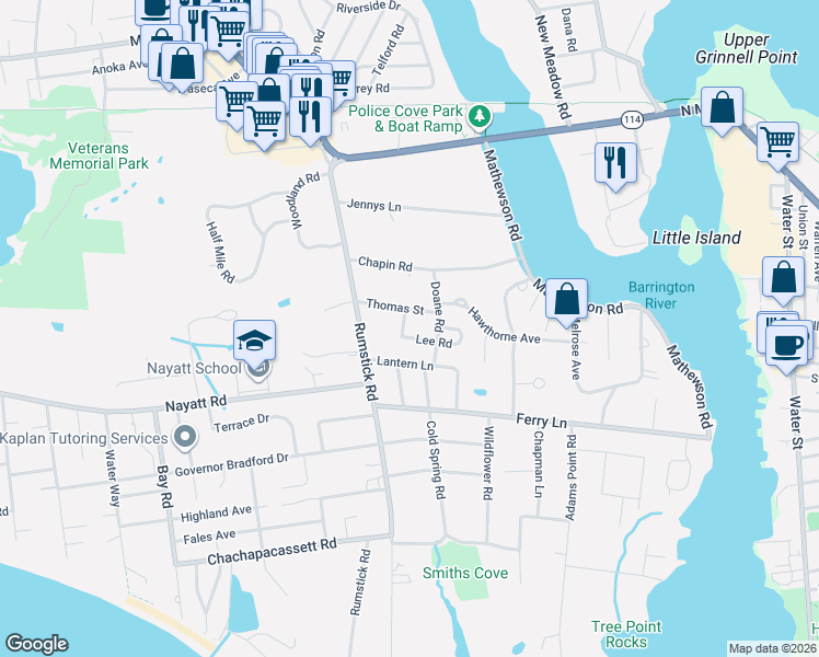 map of restaurants, bars, coffee shops, grocery stores, and more near 26 Thomas Street in Barrington