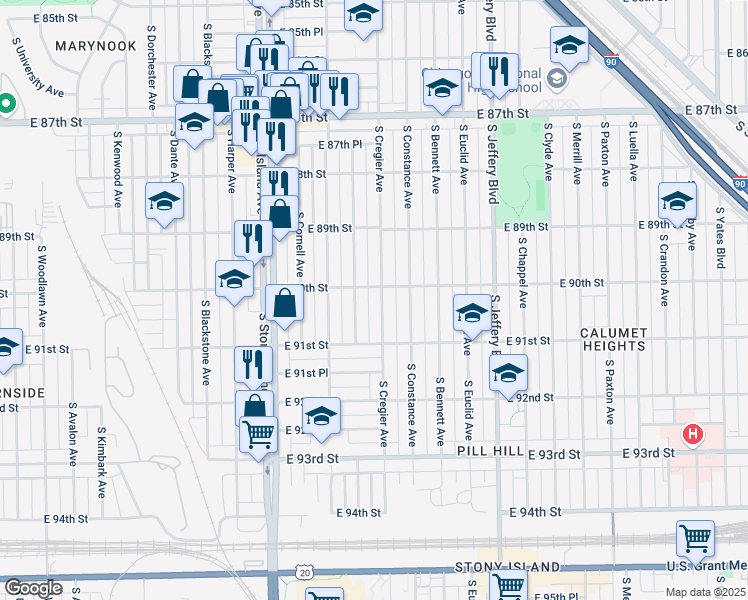 map of restaurants, bars, coffee shops, grocery stores, and more near 9000 South Cregier Avenue in Chicago