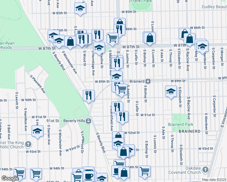 map of restaurants, bars, coffee shops, grocery stores, and more near 8935 South Marshfield Avenue in Chicago
