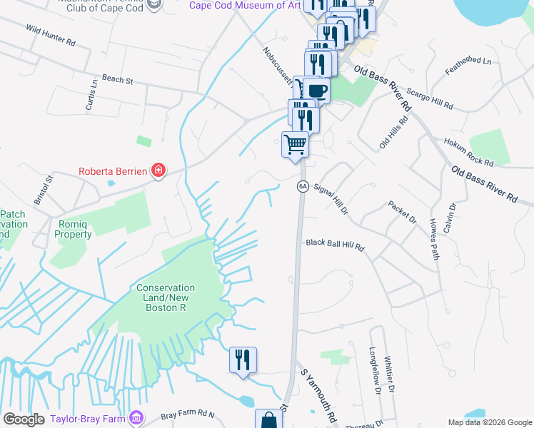 map of restaurants, bars, coffee shops, grocery stores, and more near 480 Main Street in Dennis