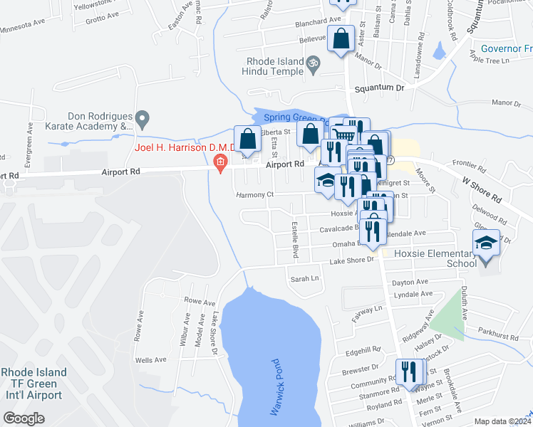 map of restaurants, bars, coffee shops, grocery stores, and more near 19 Fairfield Court in Warwick